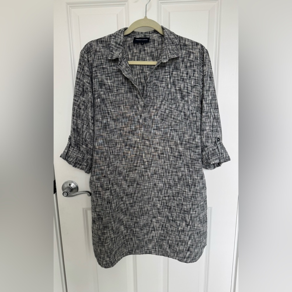 French Curve‎ gray 100% linen roll tab tunic shirt dress women size M